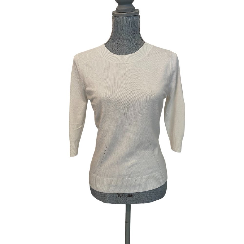 Simon Chang Women's Pullover Crewneck Knit Sweater 3/4 Sleeve Cream Size Small